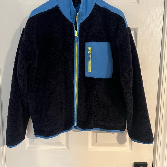 J. Crew Superplush sherpa full-zip jacket Size S color block Navy Blue Green - Picture 14 of 14